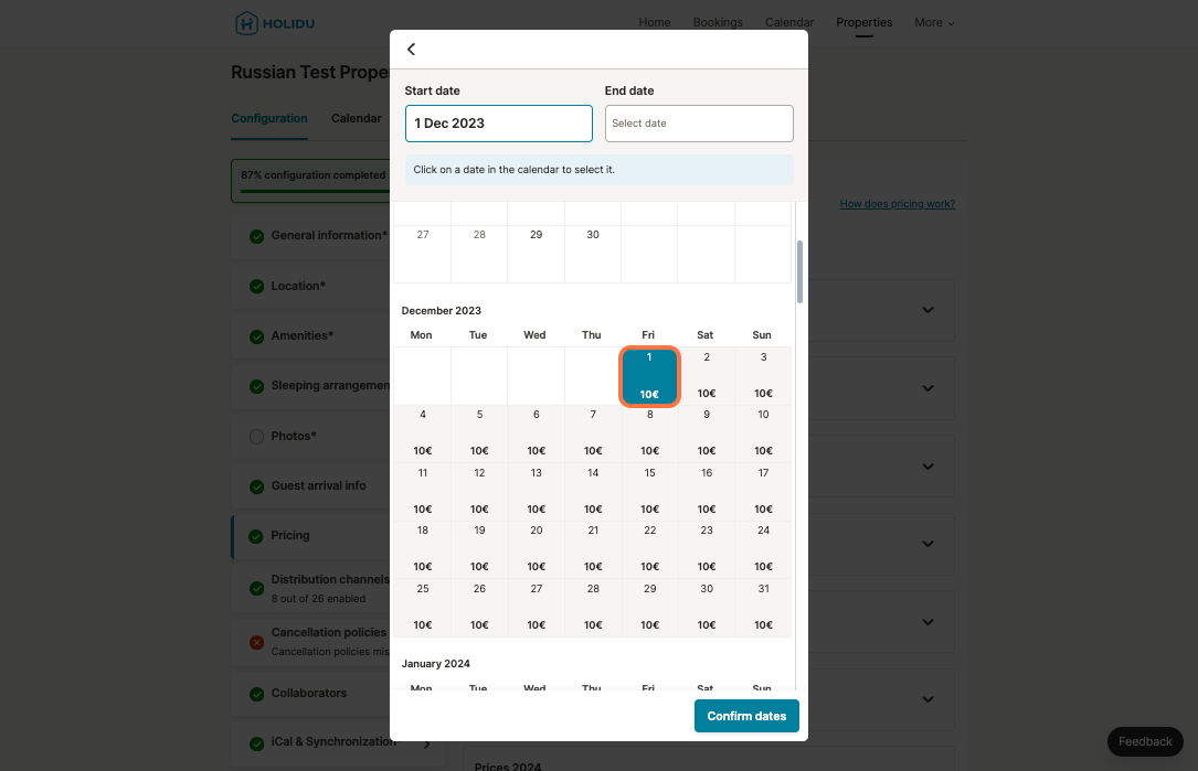 Chose the dates in the calendar where you wish to add the price