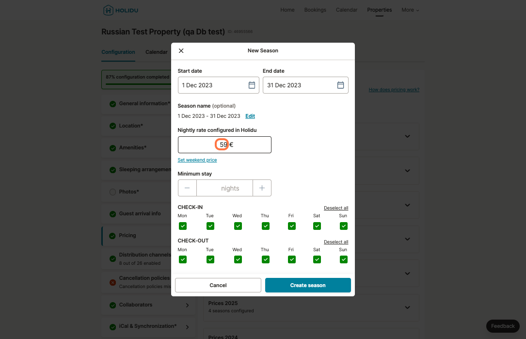 Once you have confirmed the dates where you want to add prices, a window will pop up. You can add your nightly price and underneath you will see the option "Set weekend price"